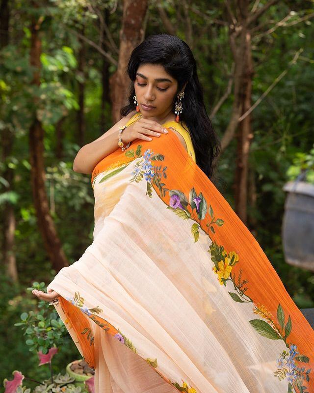 MG 536 Plain Linen Digital Printed Designer Saree Suppliers In India